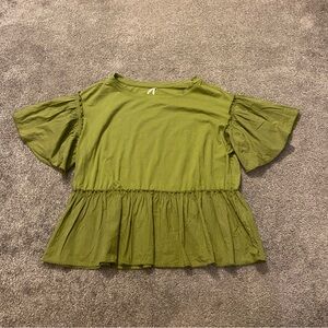 Anthropologie Blouse Women's M Green Top Ruffle Short Sleeve Oversized Fall